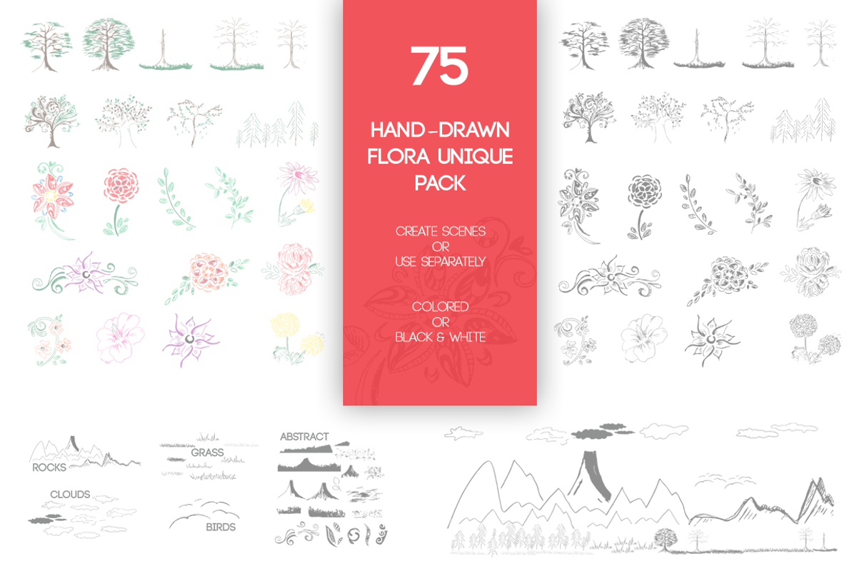 75 Hand-Drawn Flora Unique Pack, an Object Illustration by Knofe (Photo 1 of 6)