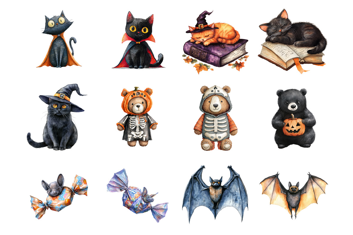Watercolor Halloween Animals Clipart, an Illustration by Design Market (Photo 2 of 3)