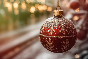 Red Christmas ornament with gold glitter hanging on snow-covered, a Holiday Photo by José Manuel Gelpi