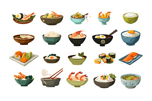 Food in bowls cartoon vector set, a Food Illustration by Onyx
