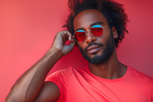 Stylish Black man with curly hair poses confidently against a vibrant coral bac, a Person Photo by ImageMir