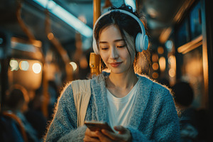 Woman on bus using phone wearing hea, a Photo by Pixeness Studio