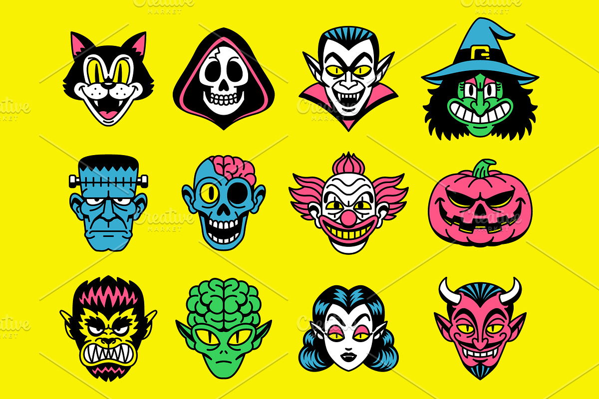 12 Vector Retro Halloween Faces, a Decorative Illustration by Andres M Rodriguez (Photo 2 of 3)