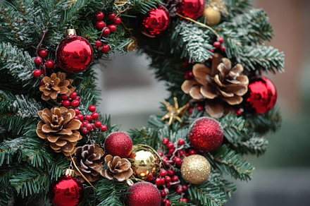 A Christmas wreath adorned, a Photo by Pavel_design