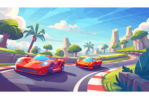 Two Sports Cars Go Round A Corner On, a Transportation Illustration by LadadikArt