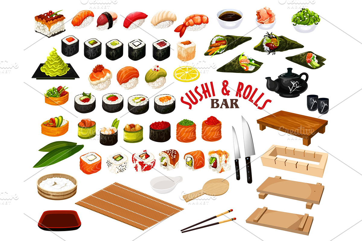 Japanese cuisine, sushi and rolls, a Food Illustration by Vector Tradition