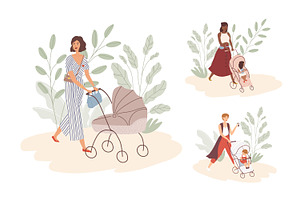 Women walking with babies in prams, a Person Illustration by Good Studio