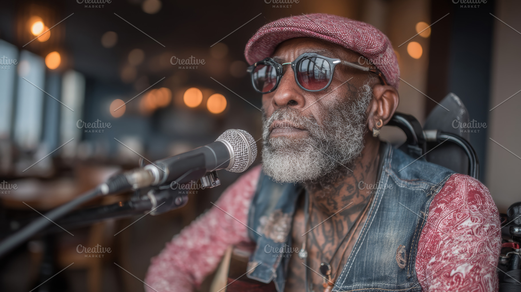 Elderly black musician performing with passion wearing stylish sunglasses and a, a Photo by AS photostudio