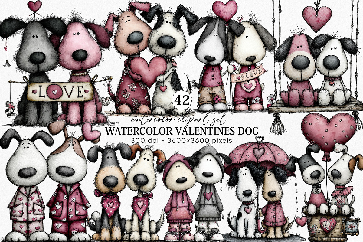 Watercolor Valentines Dog Clipart, an Illustration by Canvas Craft (Photo 1 of 6)