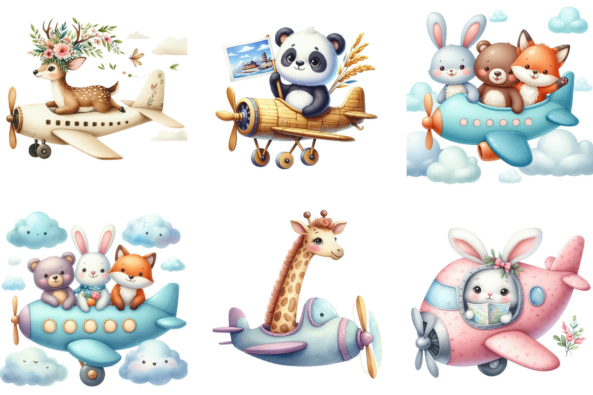 Airplane Watercolor Clipart Cute Ani, an Illustration by DreamArtGraphic (Photo 3 of 4)