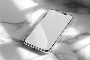 A sleek smartphone iPhone mockup with a blank screen resting on a marble surfac, an iPhone Mockup by Textures & Backgrounds