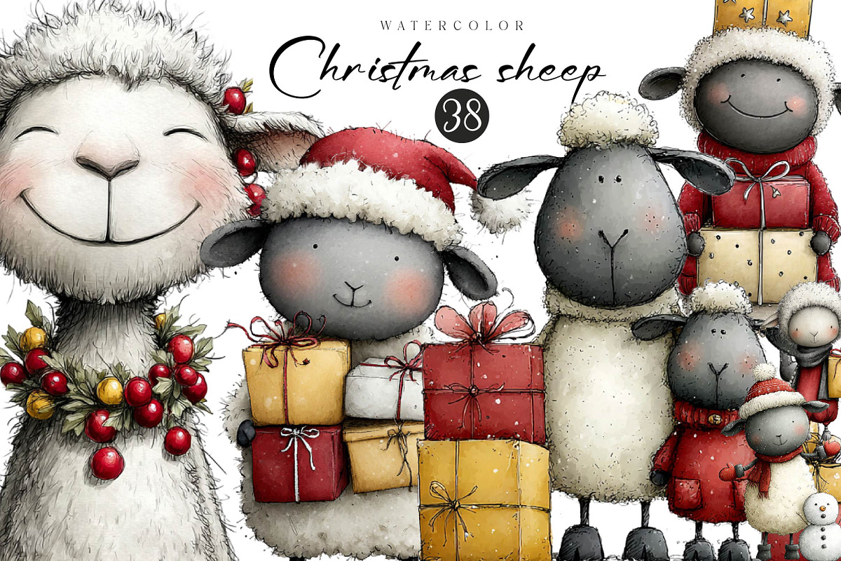 Christmas Sheep Clipart, an Illustration by CreationArt (Photo 1 of 5)