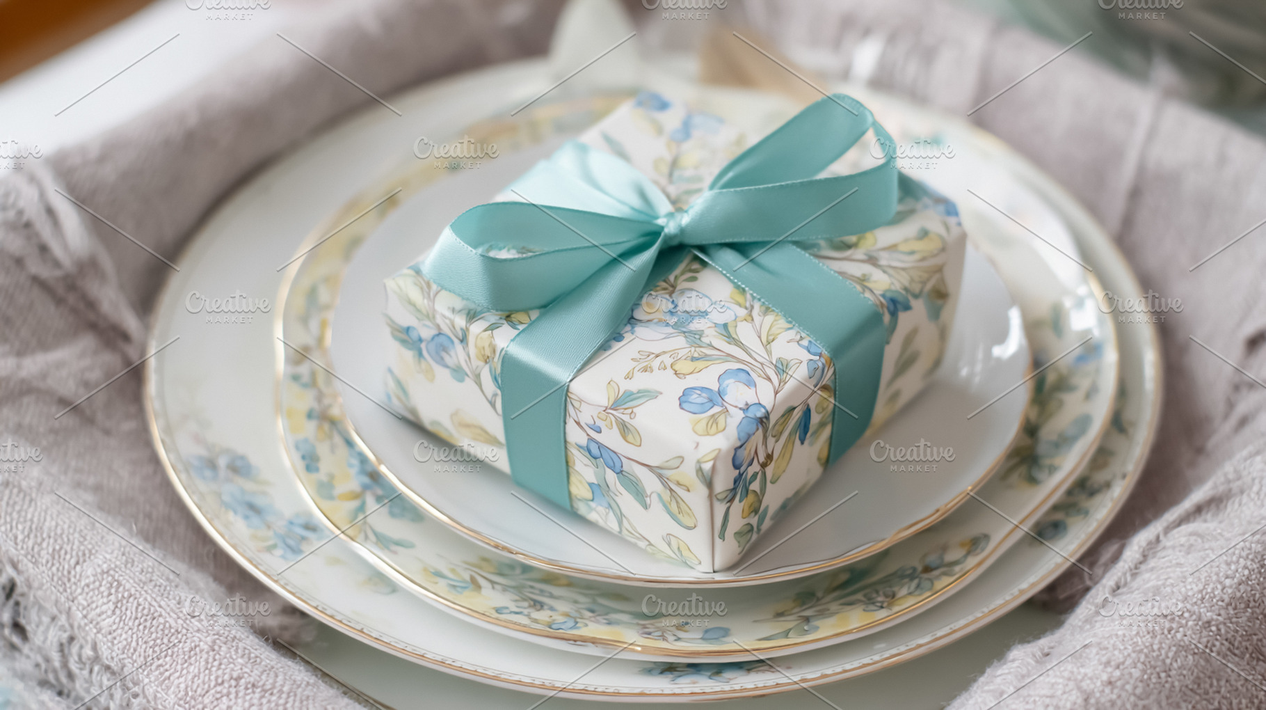 Wrapped gift box with a teal ribbon bow sitting on floral patter, a Photo by Studio ANNA