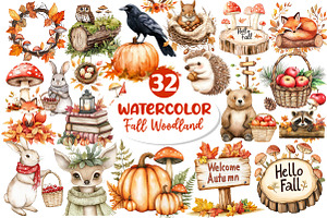 Watercolor Fall Woodland Clipart, an Illustration by Dream Creation