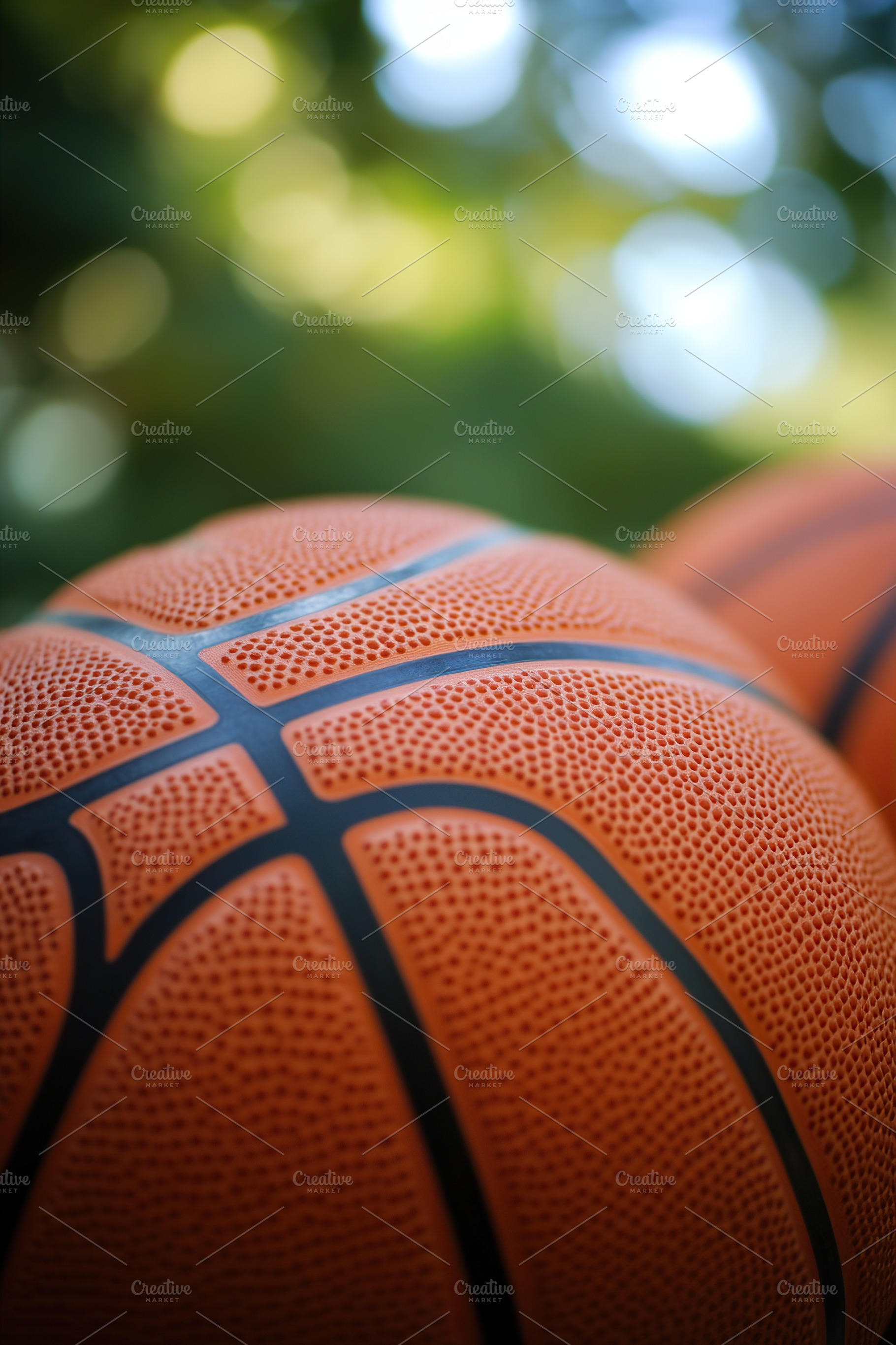 Close view of textured basketballs outdoors during a sunny day in a park settin, a Photo by AlyaAnd