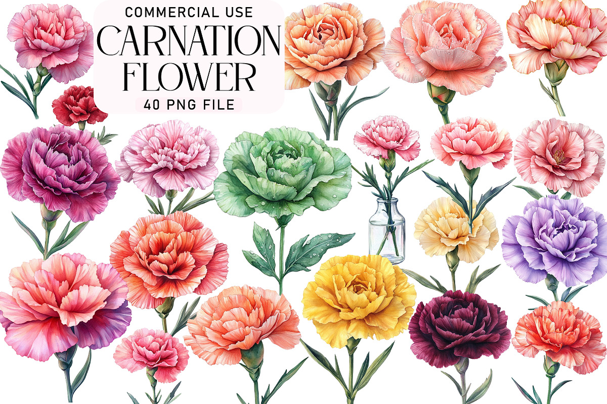 Watercolor Carnation Flower Clipart, an Illustration by Daily.Designs (Photo 1 of 3)