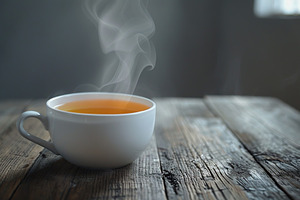 Cup of tea with steam on wooden table, a Food & Drink Photo by AlyaAnd