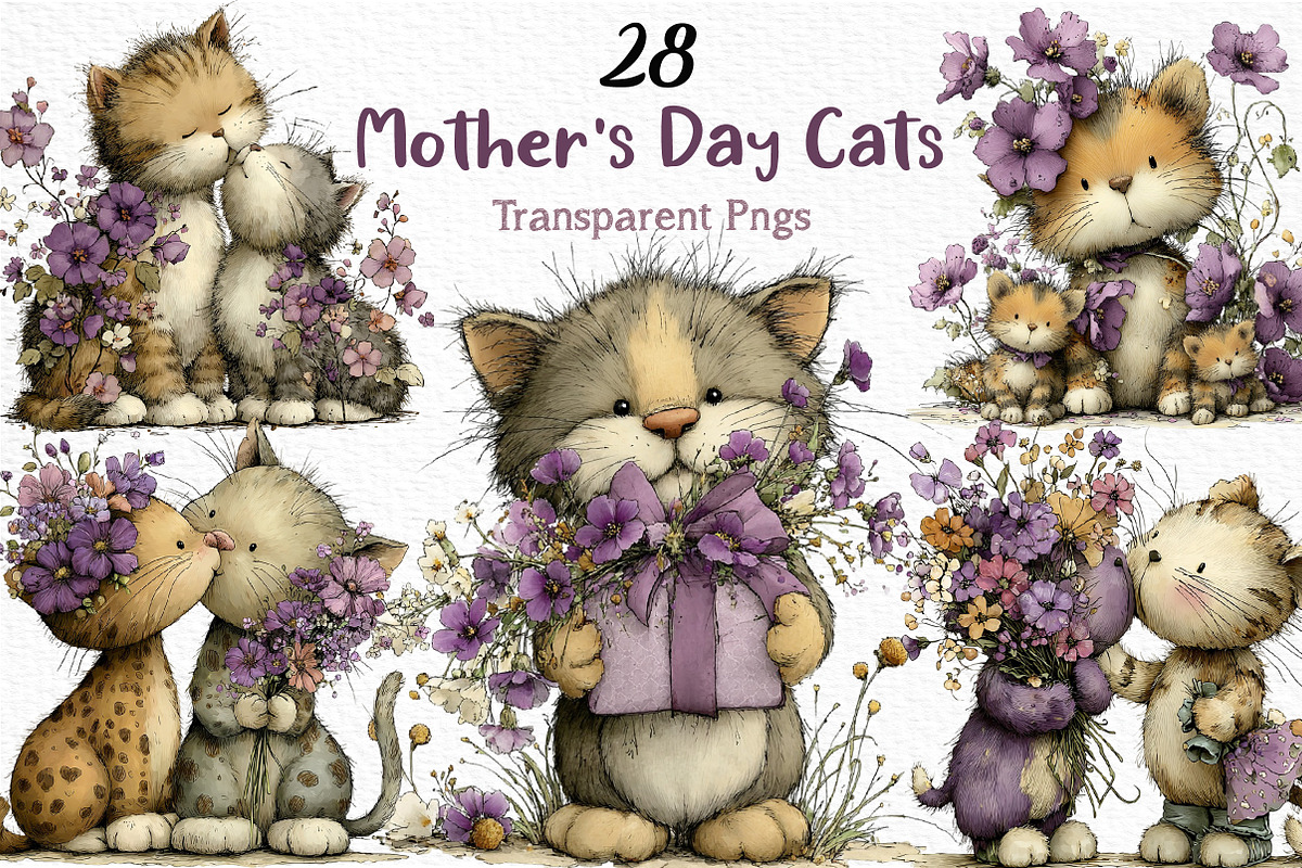 Whimsical Mother's Day Cats Clipart, an Illustration by Craft Nest (Photo 1 of 12)