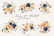 Navy Gold Yellow Watercolor Flowers, a Decorative Illustration by whiteheartdesign (Thumbnail 2 of 6)