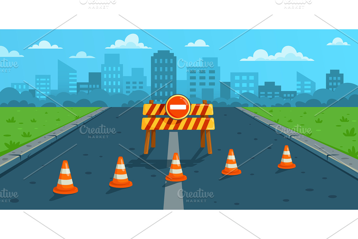 Cartoon closed road. Roadblock, a Transportation Illustration by Stock-Smart-Start