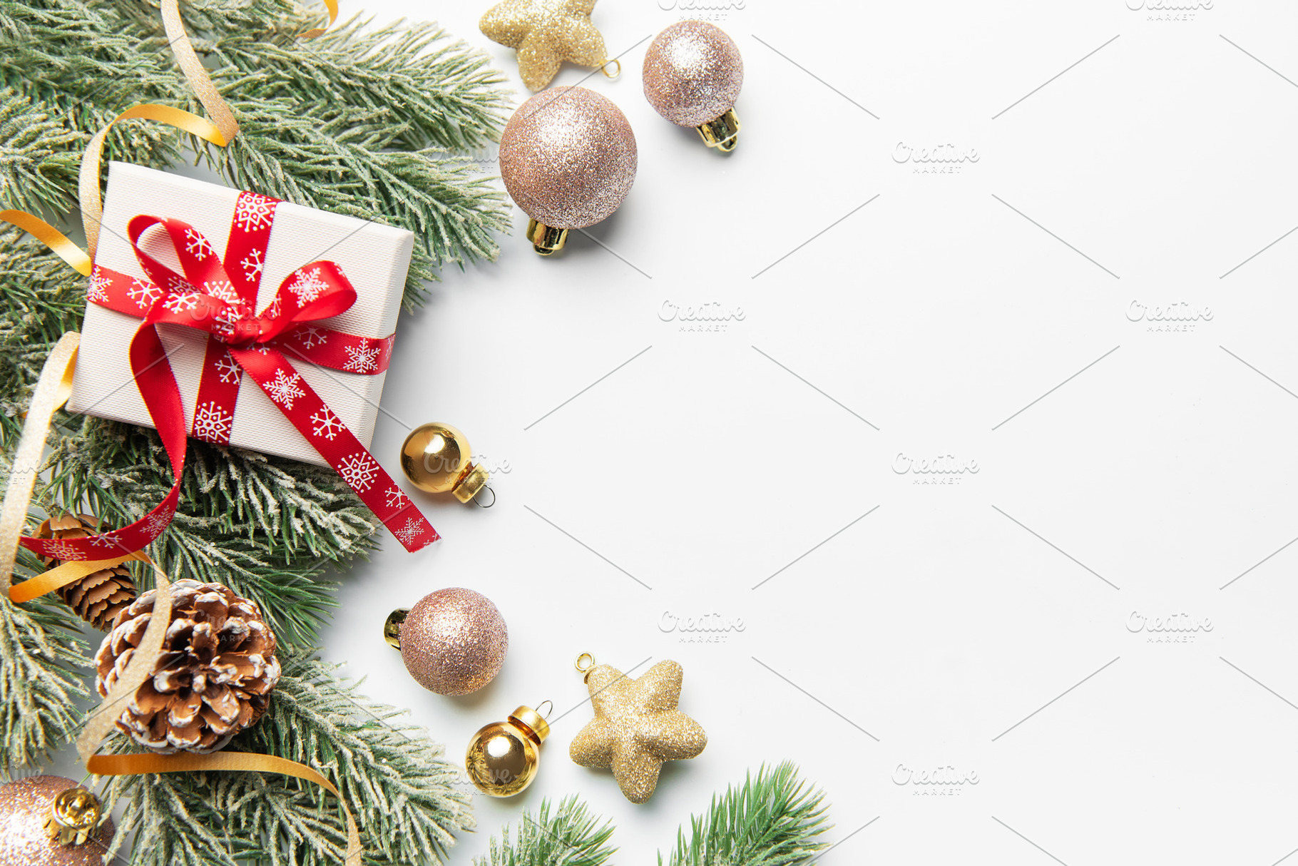 Christmas gift box with fir branches and ornaments, a Holiday Photo by Olena Rudo