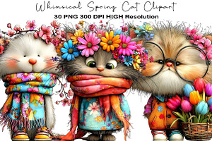 Whimsical Spring Cat Clipart, an Illustration by Black Bird Studio
