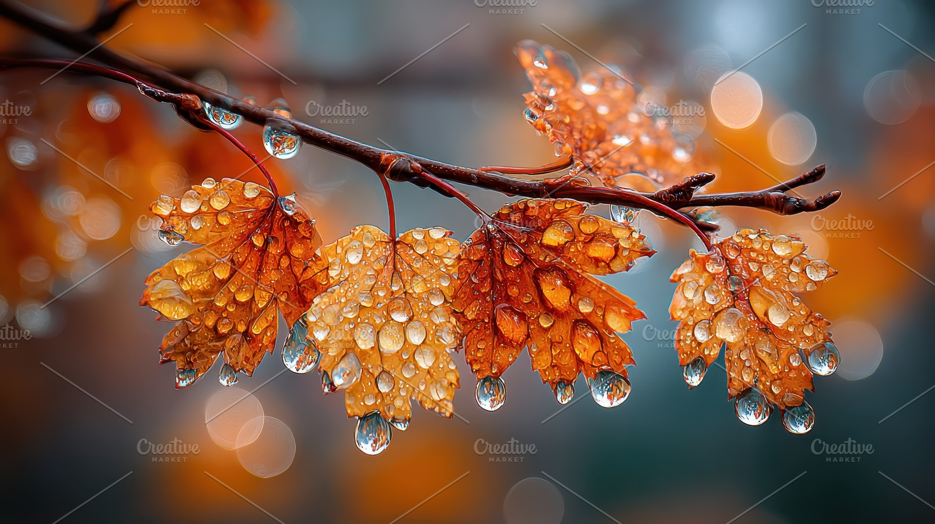 Autumn leaves glistening with raindr, a Photo by Pixeness Studio