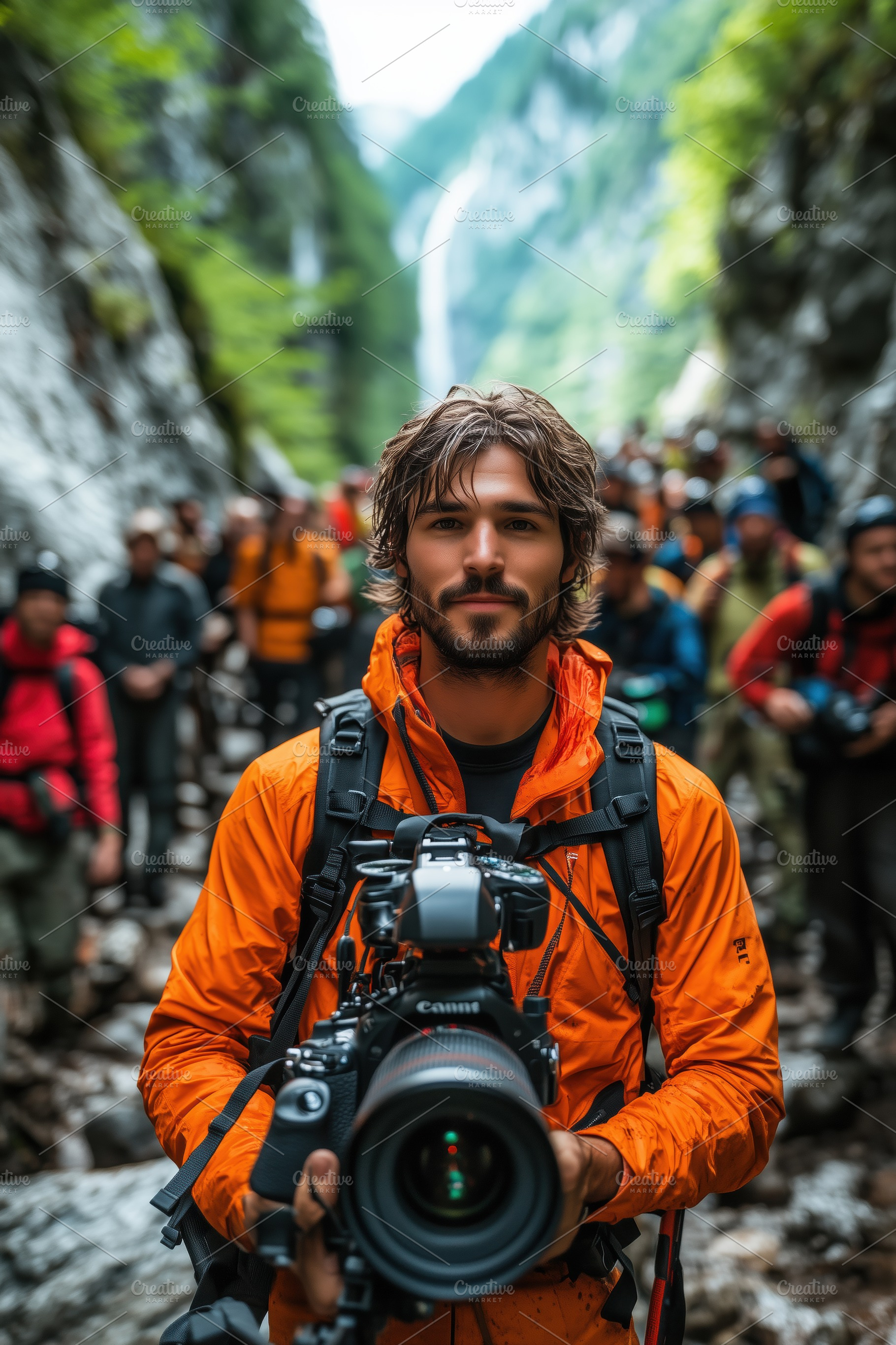 A online course producer group of hikers in a narrow canyon, with a waterfall i, a Person Photo by Textures & Backgrounds