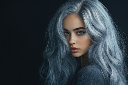 Model with long silver hair poses gr, a Photo by Tanuart