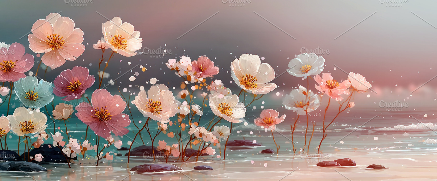 Pastel Wildflowers Blooming by the Seaside with Soft Waves and F, a Nature Photo by José Manuel Gelpi