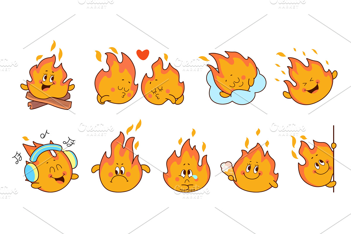 Kawaii flame characters. Isolated, an Illustration by Valerie Bodnar