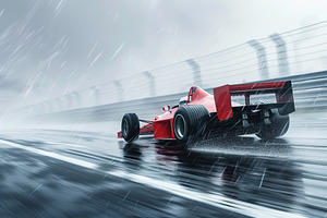 Formula 1 race car racing on wet track under rain, a Sports & Recreation Photo by AlyaAnd