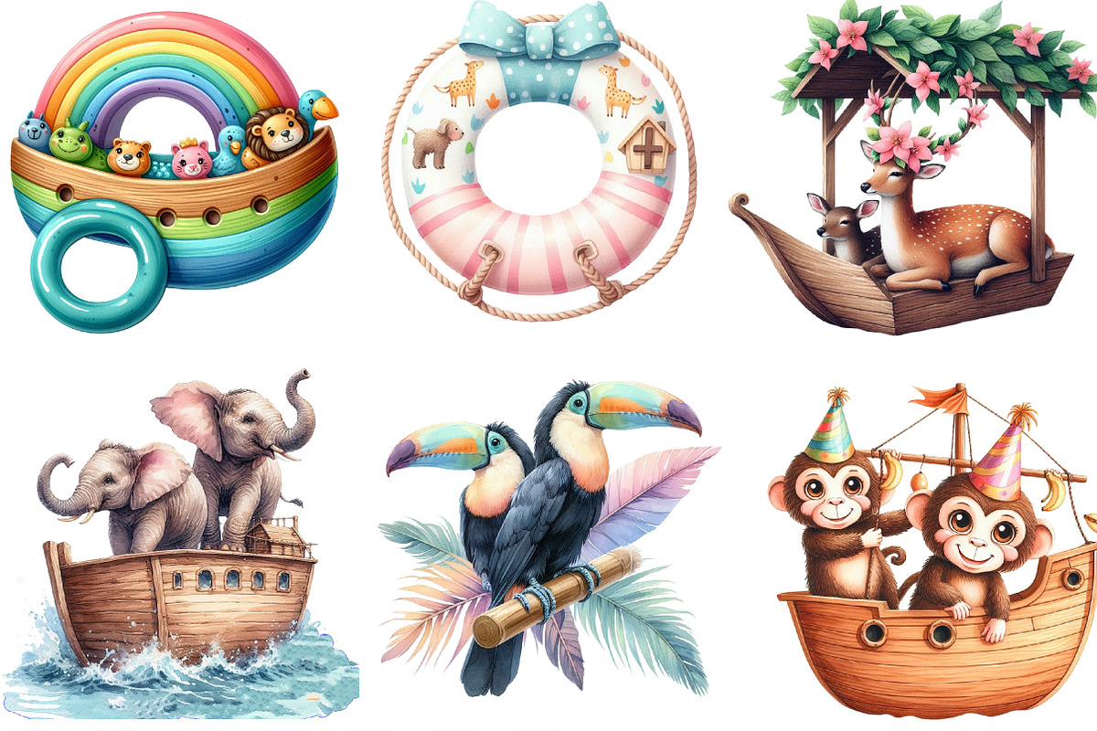 Cute Noah's Ark Watercolor Clip Art,, an Illustration by Designking (Photo 3 of 4)