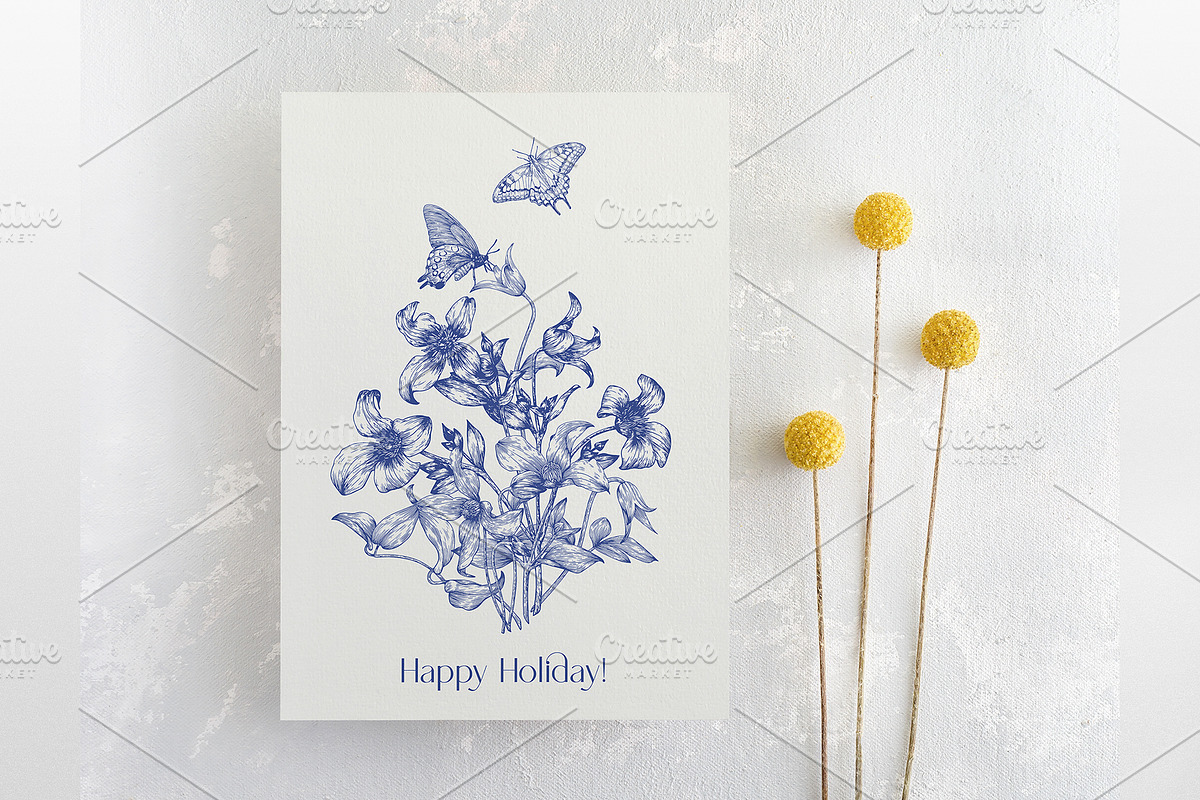 Vintage Flowers Vector blue Toile, an Object Graphic by ON_lineart_store (Photo 2 of 10)