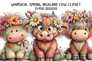 Whimsical Spring Highland Cow Clipar, an Illustration by Daily.Designs