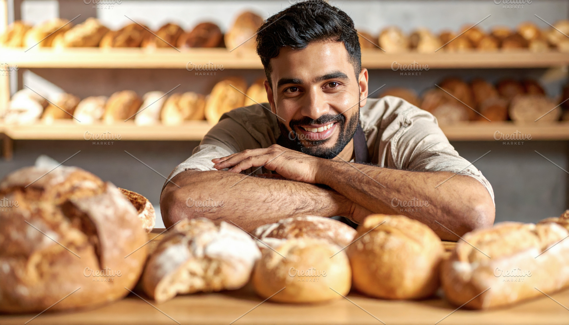 Smiling Baker Leaning Over Fresh Bread Display, a Food & Drink Photo by Davizro's Market
