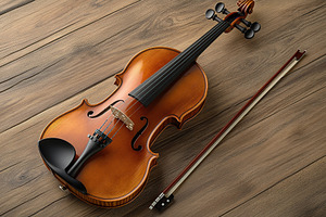 Violin and violin bow on wooden background, an Arts & Entertainment Photo by AlyaAnd