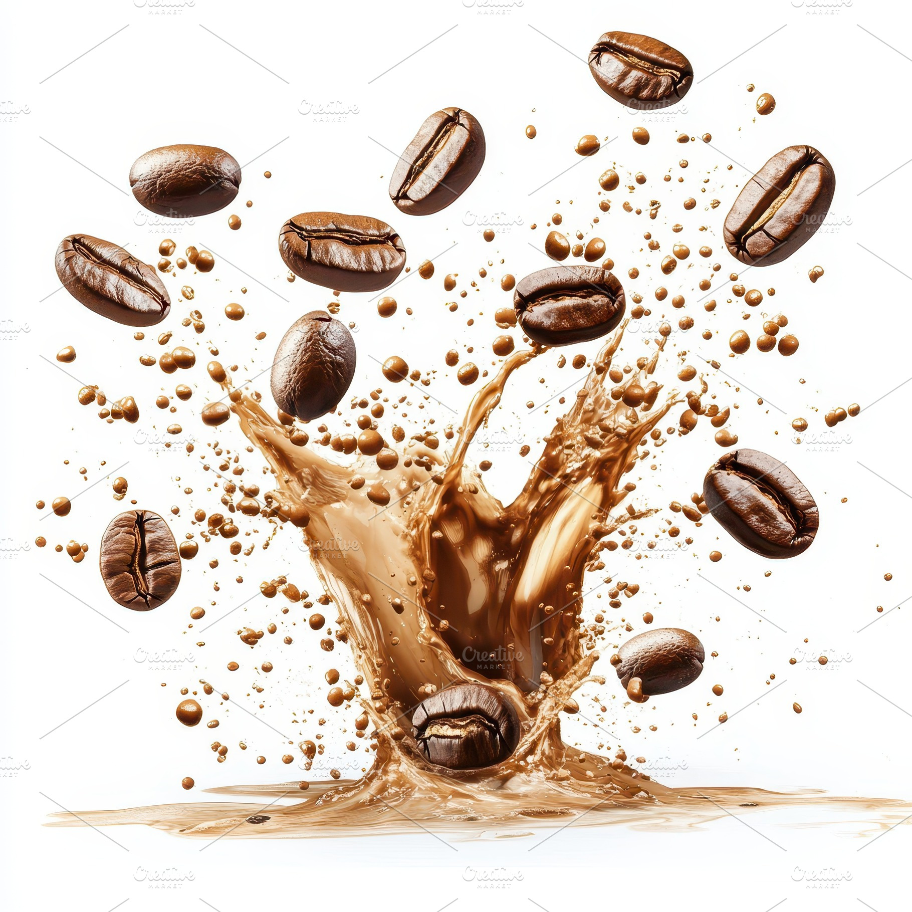 Coffee Beans Splashing Brown Liquid, a Food & Drink Photo by Pixeness Studio