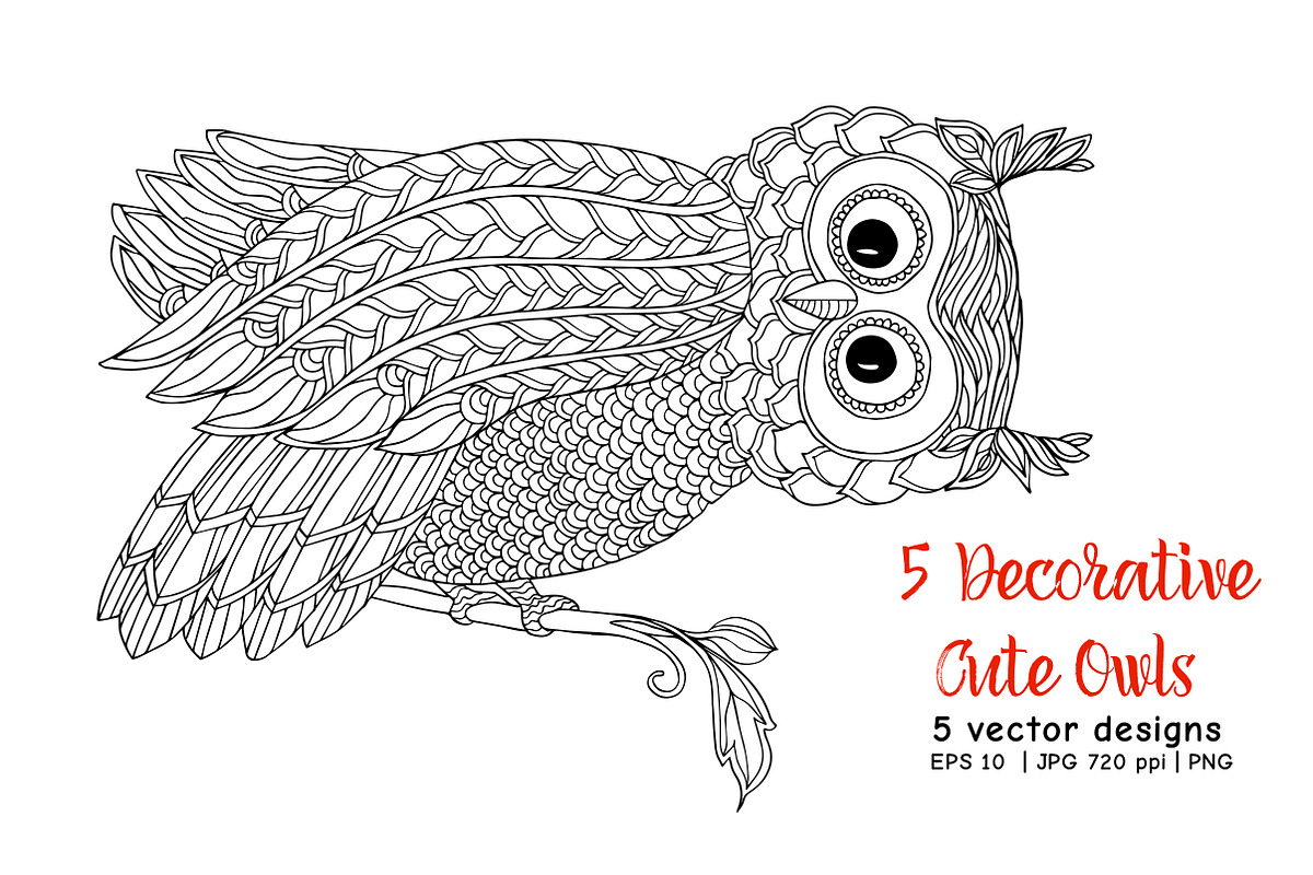 5 Decorative Cute Owls, an Animal Illustration by Elen-Lane (Photo 4 of 5)