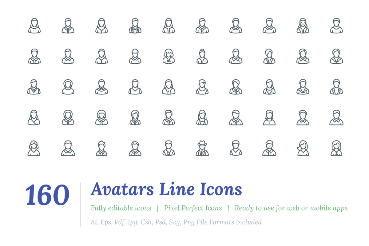 160 Avatars Line Icons, an Outline Icon by Vectors Market (Photo 1 of 3)