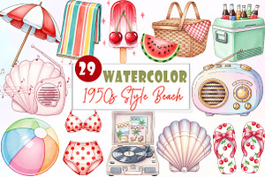 1950s Style Beach Day Clipart, an Illustration by Watercolor design