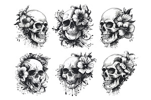 Tattoo Skulls Flowers Vintage Art