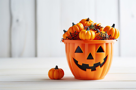 Halloween candies in bucket on wooden background, a Holiday Photo by AlyaAnd