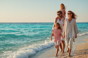 Happy family beach vacation sunset w, a Photo by Pixeness Studio