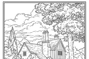 English country cottage in a garden landscape, line art for adul, an Illustration by Studio ANNA