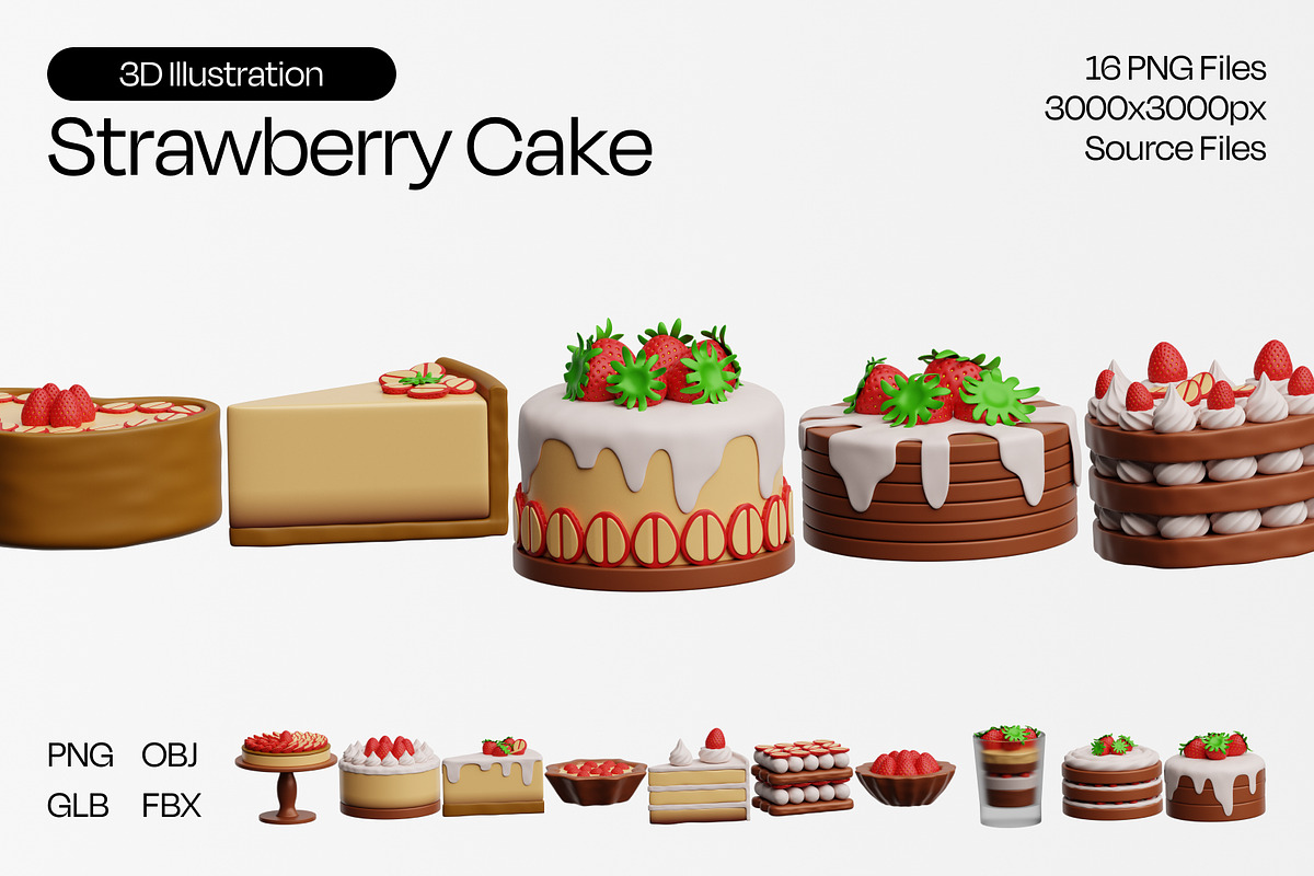 Strawberry Cake 3D Icon Set, a Food & Drink 3D Model by Eklip Studio