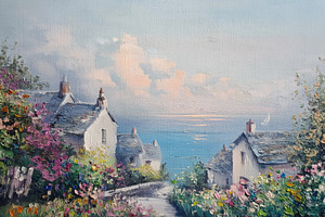 Oil painting portraying a charming coastal village with cottages, a Photo by Studio ANNA