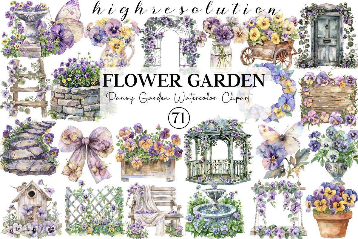 Pansy Garden Watercolor Clipart, an Illustration by DreamCafeArt (Photo 1 of 8)
