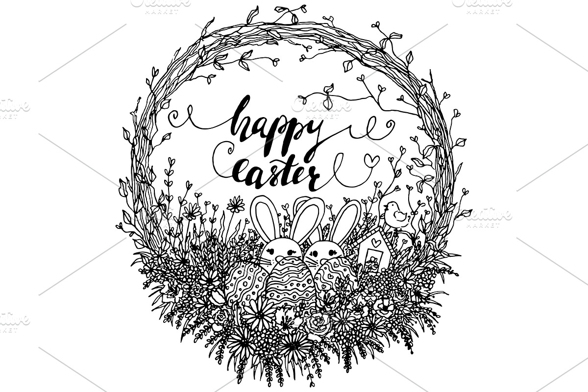 Vector Happy Easter Wreath Line Art, a Decorative Illustration by Chloe's Illustrations