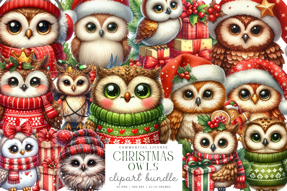 Christmas Owls Clip Art Bundle, an Illustration by SinaCreation (Photo 1 of 7)